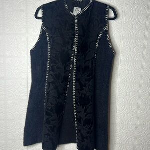 Rain + Rose Black Wool Blend Long Vest Embossed Velvet Like Rose Print SZ M